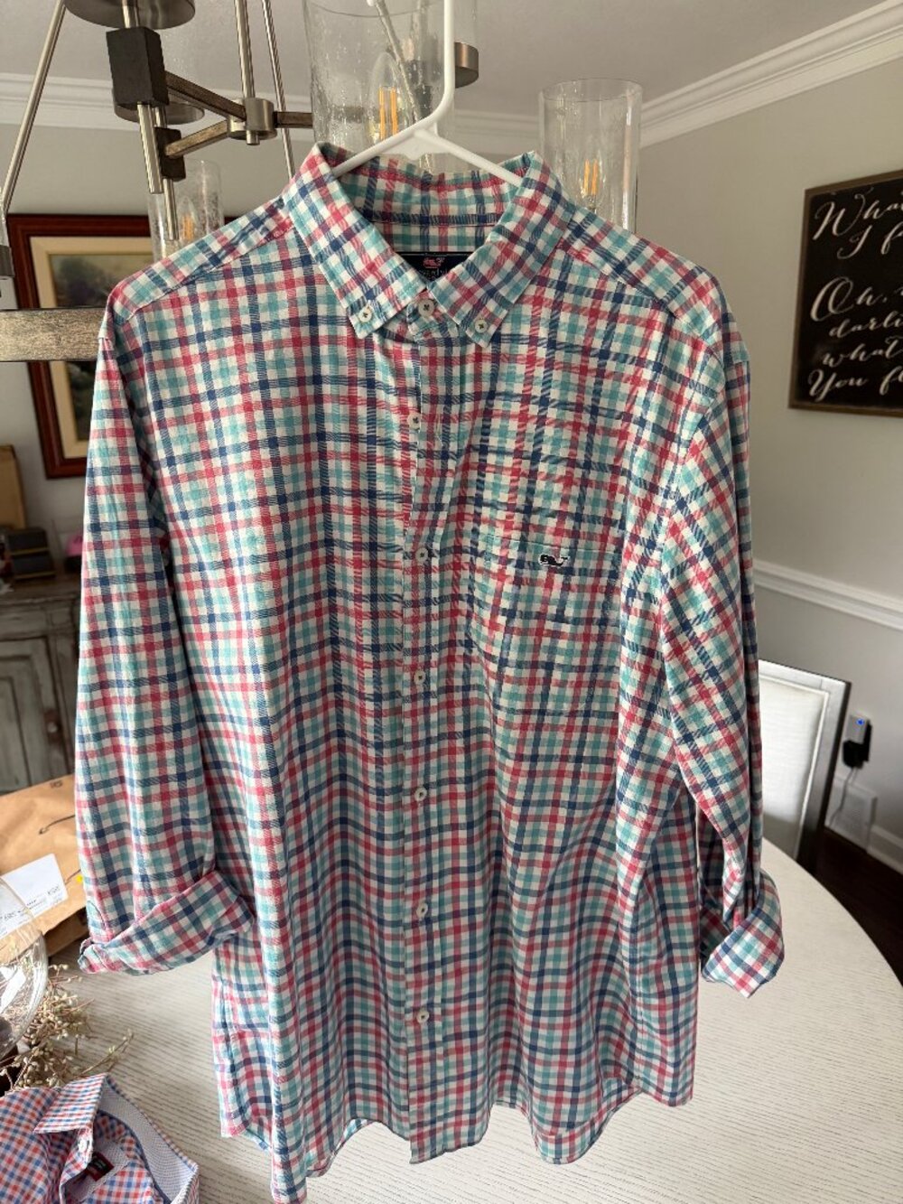 Vineyard Vines Classic Fit Tucker Shirt Navy Aqua Coral Check Men's L